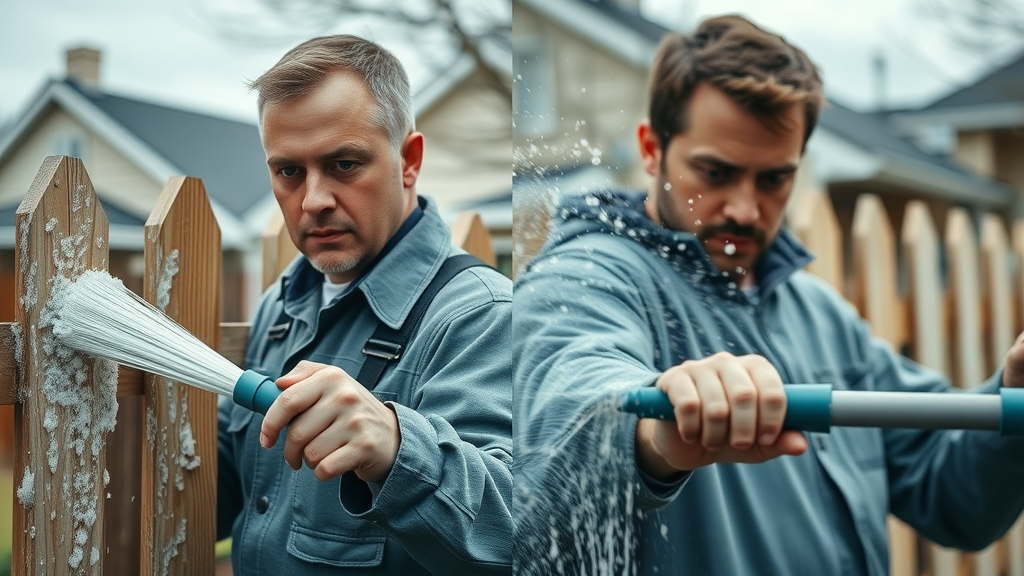 comparison of professional and DIY fence cleaning in Coburg, Oregon, professional technician, homeowner, photorealistic, suburban backdrop