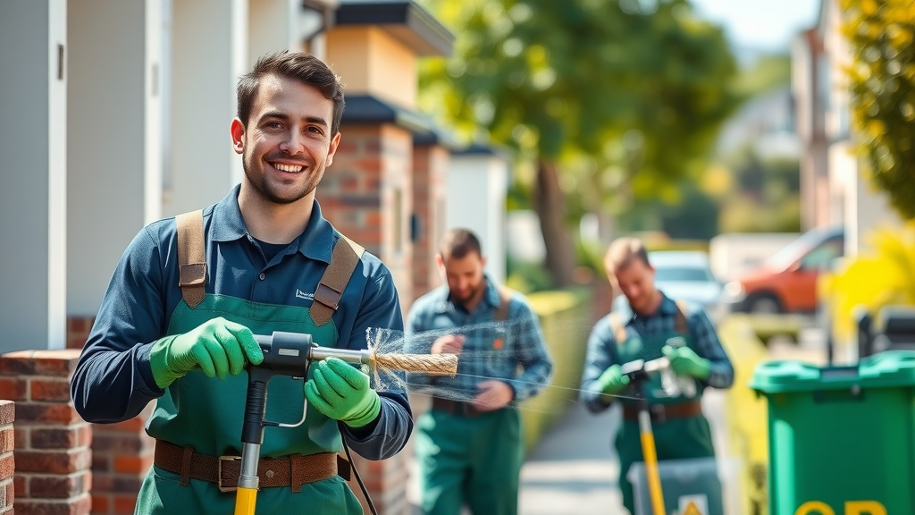 refreshing pro wash exterior cleaning team, friendly, professional pressure washing in Coburg Oregon, residential street scene, photorealistic