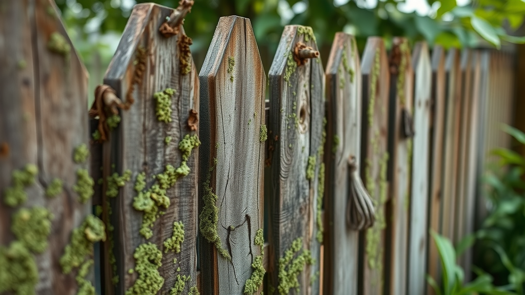weathered fence needing cleaning, visible algae, Coburg Oregon backyard, photorealistic