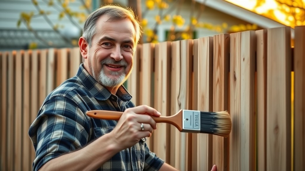 homeowner applying sealant to cleaned fence, fence maintenance after pressure washing, Coburg Oregon, photorealistic garden